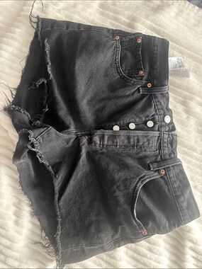 Levi's Black High-Rise Frayed Denim Shorts with Exposed Buttons